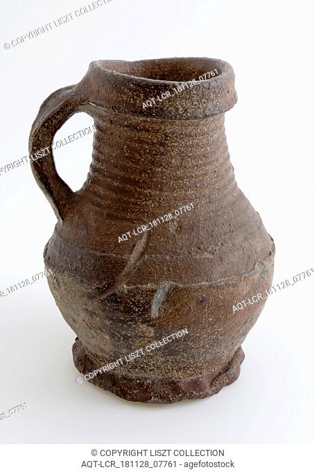 Stoneware canister on pinched foot, triangular rim around neck, brown and scraped earthenware, drinking jug be tableware holder soil find ceramic stoneware clay...