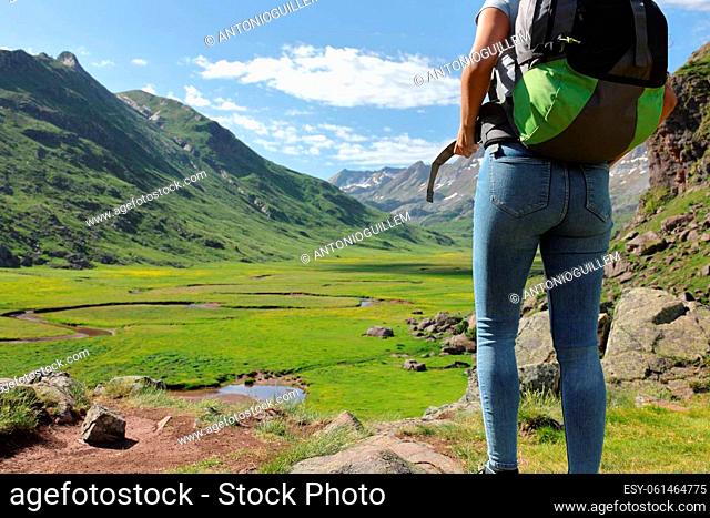 Back view of a hiker preparing to walk fastening backpack strap in the mountain