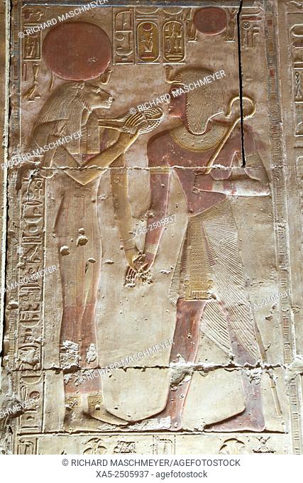 Relief of the Goddess Sekhmet (left) and Pharaoh Seti I (right), Temple of Seti I, Abydos, Egypt