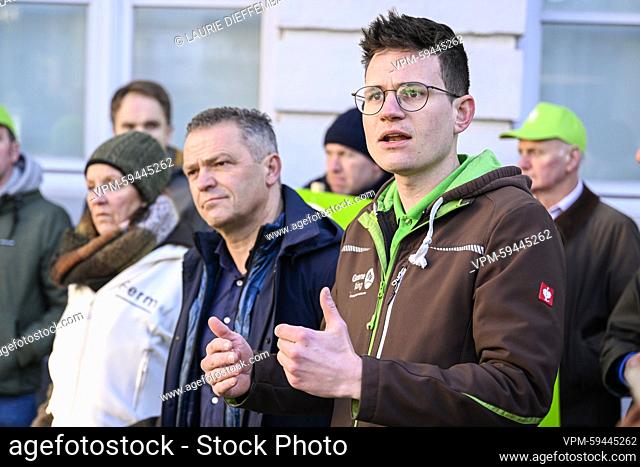 Boerenbond Chairman Lode Ceyssens and Groene Kring chairman Bram Van Hecke pictured during a protest action by farmers against proposed new rules to reduce...