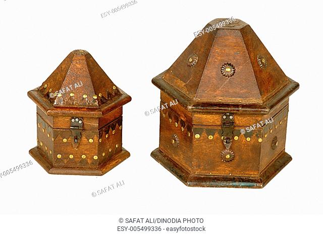 Brass iron design fitting on antique wooden box ; Jodhpur ; Rajasthan ; India