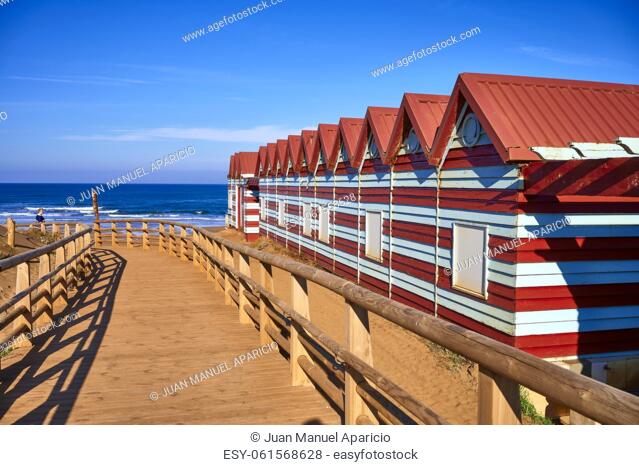 Little Houses at La Arena Beach, Muskiz, Somorrostro, Biscay, Basque Country, Euskadi, Euskal Herria, Spain, Europe
