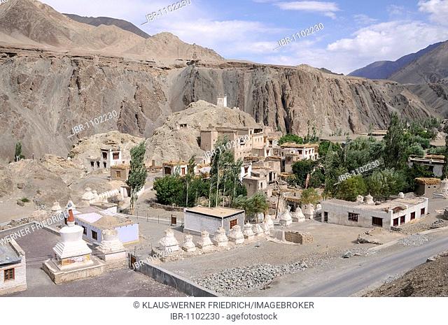 View of the village with choerten and castle ruins in front of Alchi, Ladakh, India, Himalayas, Asia