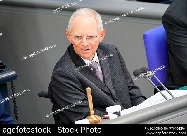 05 May 2021, Berlin: Wolfgang Schäuble (CDU), President of the Bundestag, speaks during the questioning of the Federal Government in the plenary session in the...