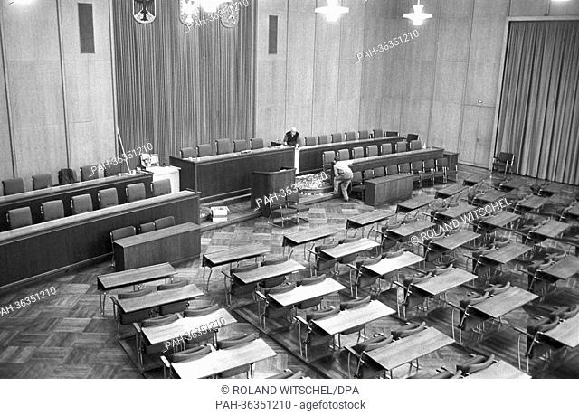 The preparations for the Auschwitz Trial are in progress on the 20th of December in 1963. The picture shows a view into the hall in the Roemer in Frankfurt