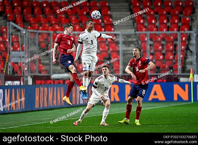 L-R Lukas Provod of Czech, Youri Tielemans and Thomas Foket of Belgium and Tomas Soucek of Czech in action during the World Cup qualifier group E: Czechia vs...
