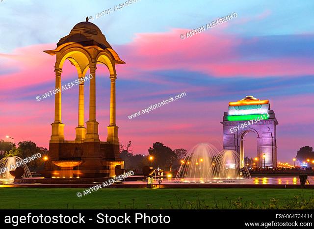 The Canopy and the India Gate in night illumination, New Delhi