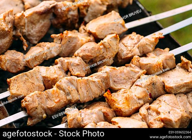 Grilled Marinated Caucasus Barbecue Meat Shashlik Shish Kebab Pork Meat Grilling On Metal Skewer. Nobody