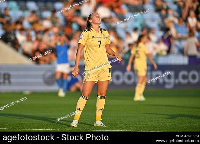 Belgium's Hannah Eurlings looks dejected during a game between Belgium's national women's soccer team the Red Flames and Italy, in Manchester