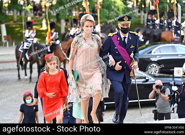 Crown Princess Elisabeth, Queen Mathilde of Belgium and King Philippe - Filip of Belgium arrive for the Te Deum mass, on the occasion of the Belgian National...