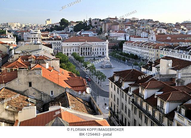 View of the Praca Rossio square from the Elevador Santa Justa elevator, Baixa District, Lisbon, Portugal, Europe
