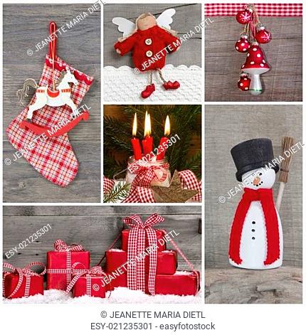 Classic christmas decoration in red and white with snow. Collage of different objects for xmas