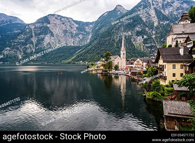 Scenic view of Hallstatt and lake in Austrian Alps