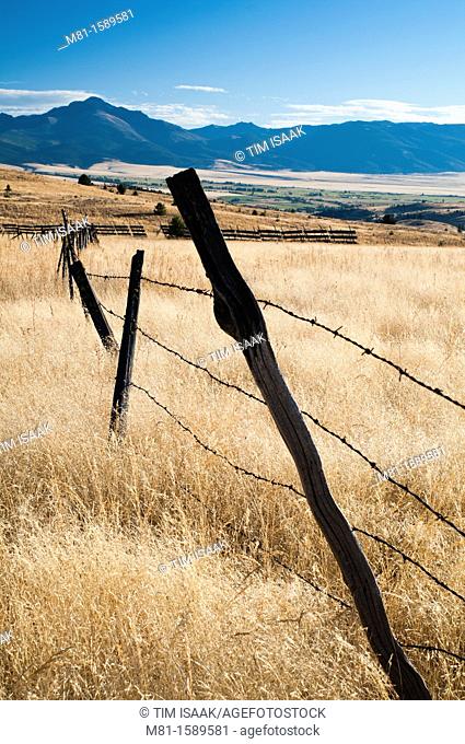 Field and fence in John Day Valley. Wheeler County, Oregon, USA