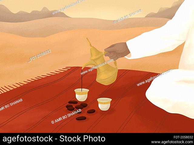 Man pouring coffee from Middle Eastern dallah coffee pot on blanket in desert