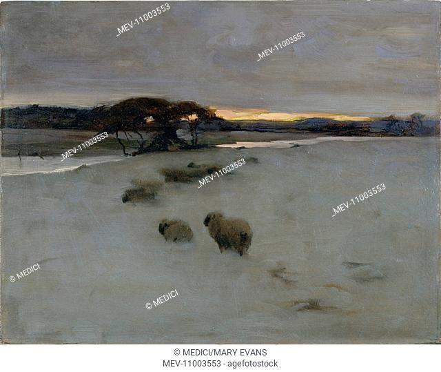 Winter Landscape' – with sheep in snow by a river, and setting sun