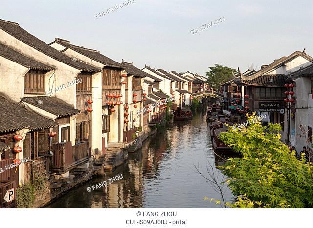 Traditional waterfront houses on river, Suzhou, Jiangsu Province, China