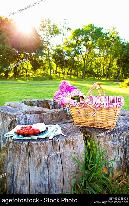 Beautiful basket with flowers and a plate with food stands on a wooden stump