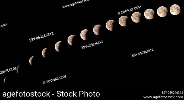 Time series of lunar eclipse on July 27 2018, sequence of phases from 11:20 pm to 12:31 am, captured in Cairo, Egypt. Assembled of 14 photos with almost five...