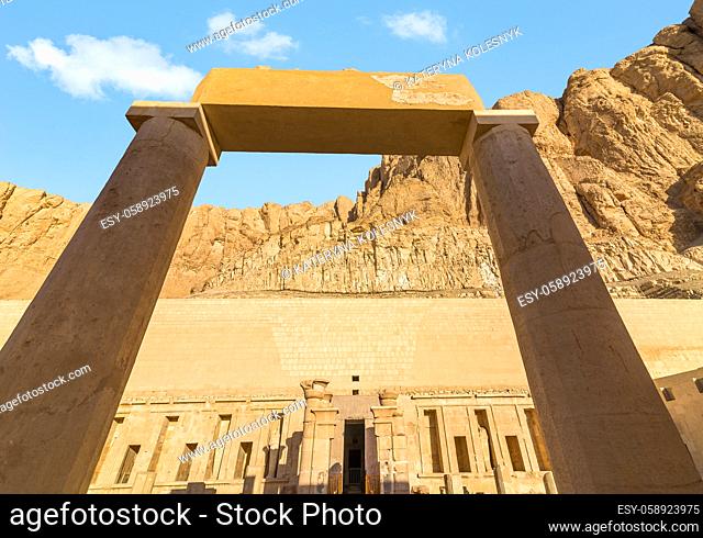 Arch in Hatshepsut temple among cliffs of Luxor desert, Egypt