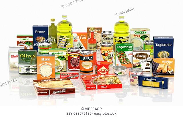 3D collection of packaged food isolated on white background