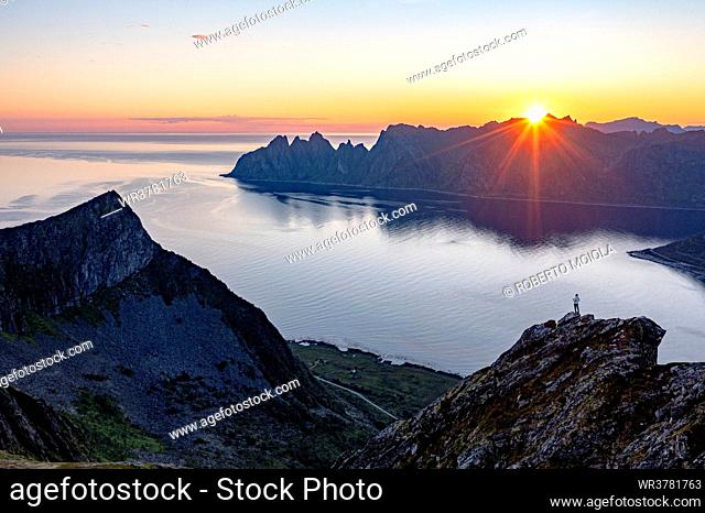 Person admiring the fjord at dawn standing on top of Husfjellet mountain, Senja island, Troms county, Norway, Scandinavia, Europe