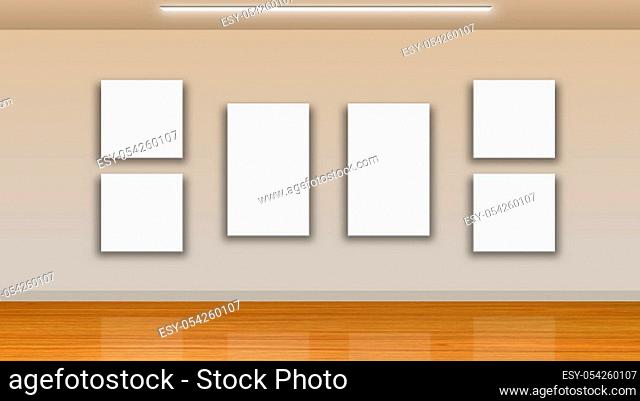 blank frames on wall and wooden floor - interior gallery - room framework decoration - 3D rendering