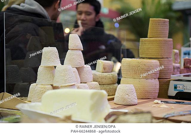Different kinds of cheeses are offered during the Berlin Cheese Days in the Arminius Market Hall in Berlin, Germany, 28 February 2016