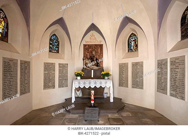 War memorial chapel, interior, memorial plaque for missing persons, Bad Hindelang, Allgäu, Bavaria, Germany