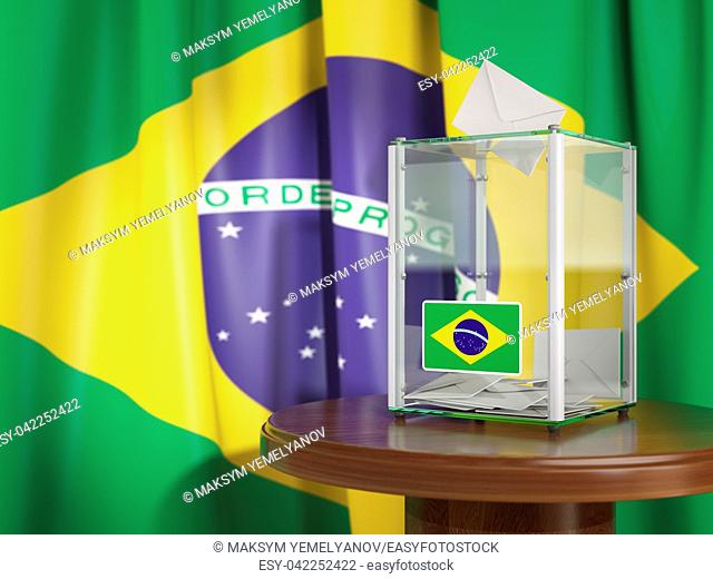 Ballot box with flag of Brazil and voting papers. Brazilian presidential or parliamentary election. 3d illustration