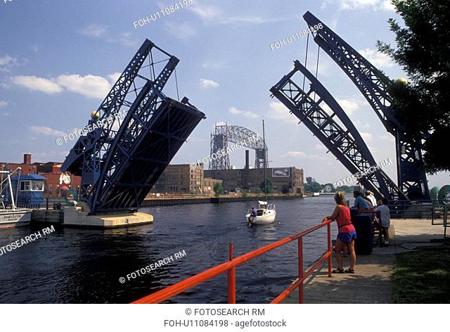 drawbridge, Duluth, MN, Minnesota, Lake Superior, Minnesota Slip Bridge, a pedestrian drawbridge, in the up position for a boat to cruise through on Duluth...