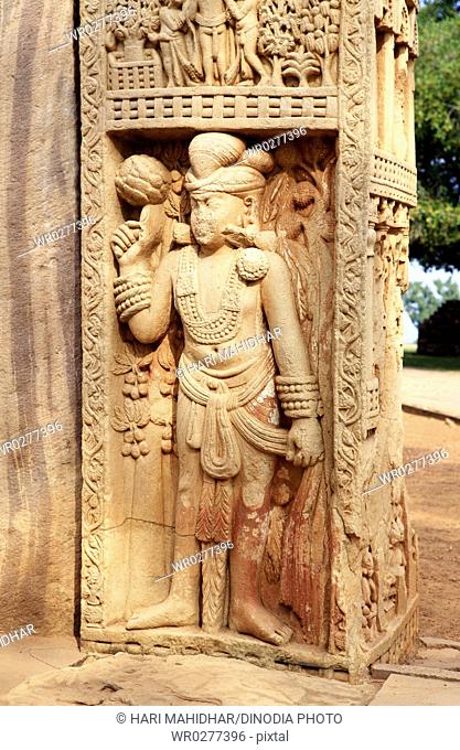 Showing stories of Buddha on lower panel of north pillar front side of eastern gateway of stupa 1 , Sanchi near Bhopal , Madhya Pradesh , India