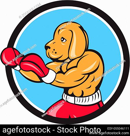 Illustration of a dog boxer in a fighting stance viewed from the side set inside circle on isolated background done in cartoon style