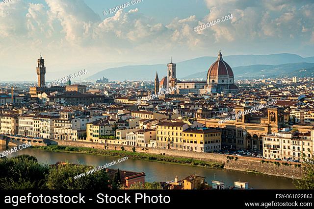 Panoramic Skyline of the historical city of Florence in Italy from Michelangelo piazza just before the sunset