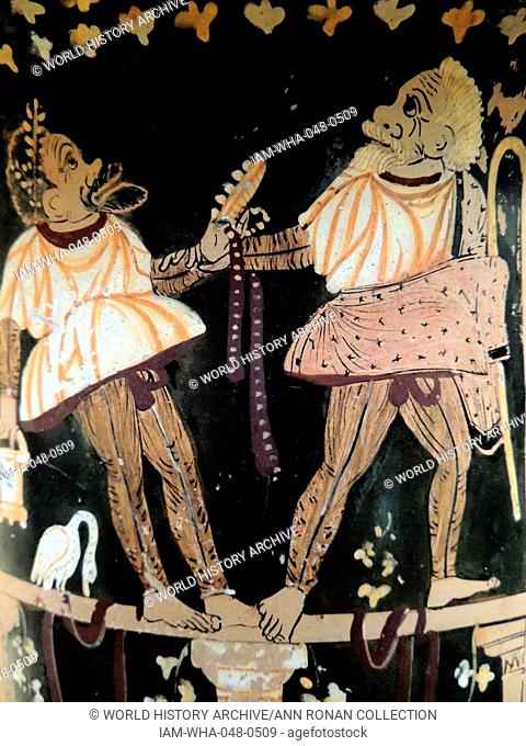 Red-figured bell-krater (wine-bowl) with a scene from a Phlyax play. Made in Paestrum about 330 BC attributed to Python as Painter
