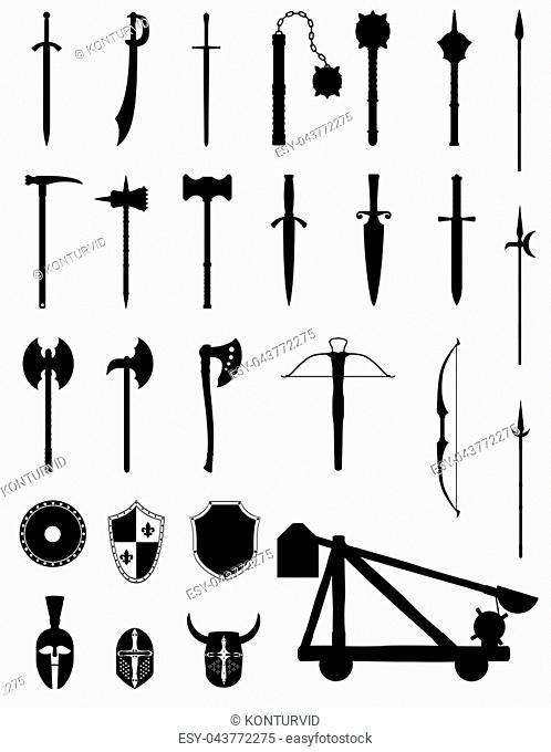 ancient battle weapons set icons stock black silhouette vector illustration isolated on white background