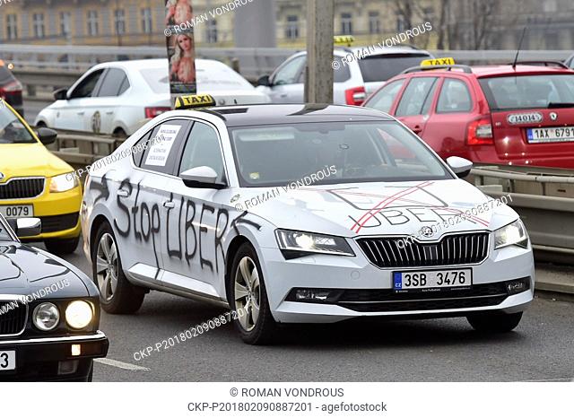 ***FILE PHOTO*** Taxi drivers circle about the Prague city centre, Czech Republic, on Thursday, February 8, 2018. Association of Czech Taxi Drivers organises...