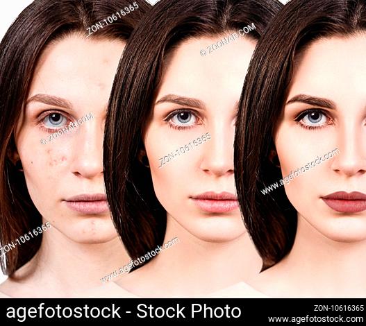 Young woman applying make-up step by step. Before and after make-up