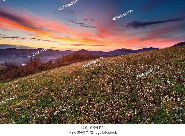 Lombardy, Italy. A spring sunset over the hills of Oltrepò Pavese