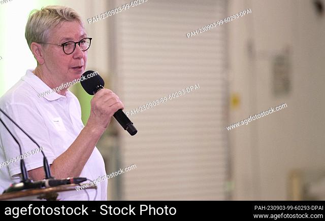 03 September 2023, Berlin: Chairwoman and founder of the Berliner Tafel Sabine Werth speaks at a celebration of the Berliner Tafel