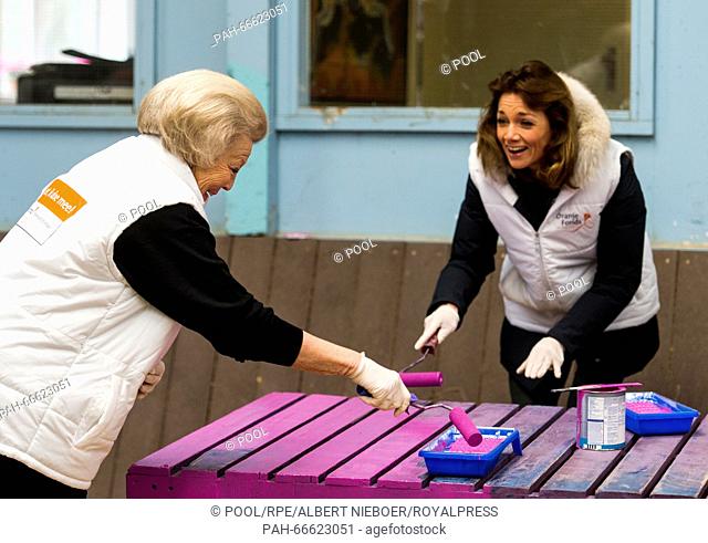 Princess Beatrix and Princess Aime, member of the Dutch Royal Family, volunteering for people with disabilities at a Manege in Den Dolder, Netherlands