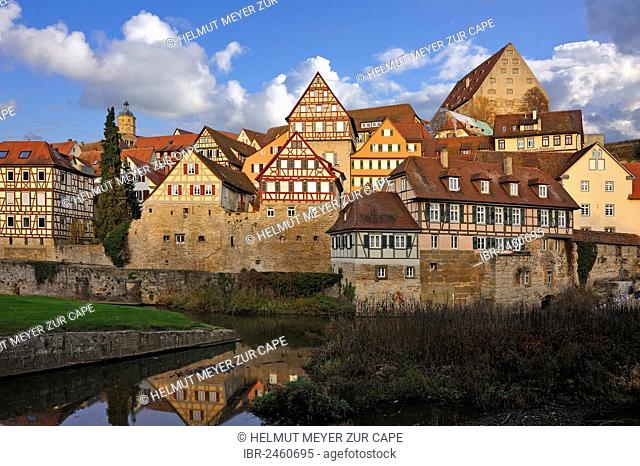 View of the old town with Kocher river, Schwaebisch Hall, Baden-Wuerttemberg, Germany, Europe, PublicGround