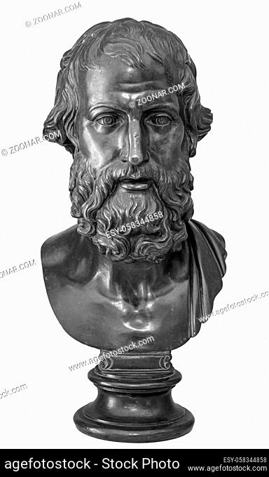 Head and shoulders detail of the ancient man with beard sculpture. Antique face with whiskers statue isolated on white background