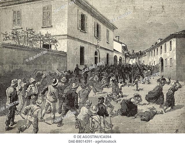 Strikers rebel against the police in front of the Town Hall of Corbetta, Italy, Farmers' Uprising, May 19, 1889, engraving from a drawing by A Bonamore from...