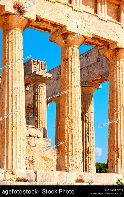 Columns of temple of Aphaea in Aegina Island, Greece. Masterpiece of ancient greek architecture