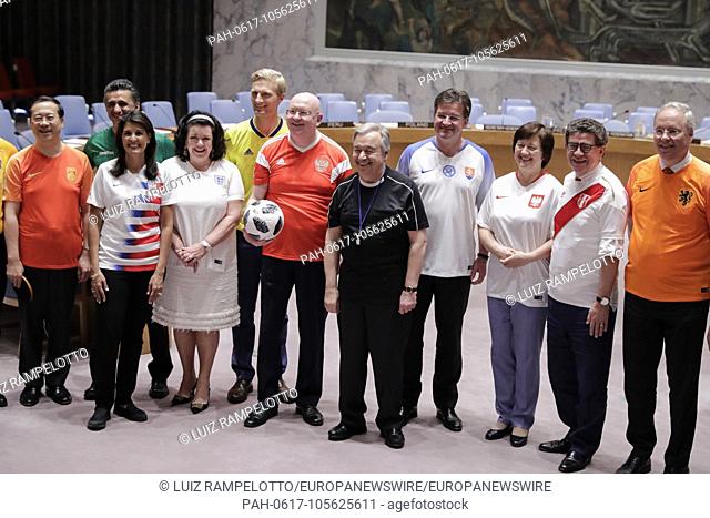 United Nations, New York, USA, June 14 2018 - Security Council members, wearing the jerseys of their national teams, gathered in the chamber today to mark the...