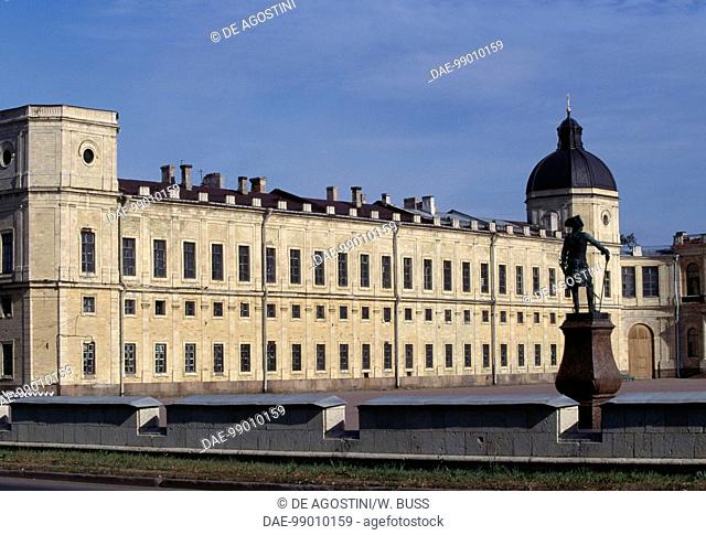 Great Gatchina Palace, 1766-1781, by Antonio Rinaldi (ca 1710-1794), with the Monument to the Emperor Paul I of Russia, 1851, Gatchina