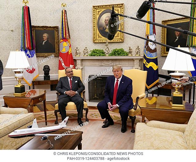 United States President Donald J. Trump, right, makes remarks to the press as he meets with His Royal Highness Prince Salman bin Hamad Al-Khalifa, Crown Prince