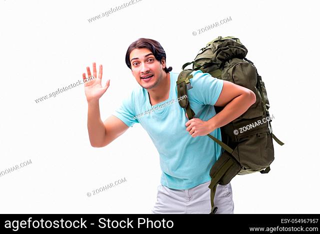 Young handsome tourist isolated on white