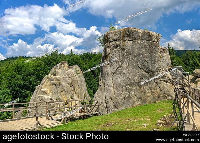 Tustan, Ukraine. Old Russian cliff-side defensive complex in Tustan, Ukraine, on a summer day